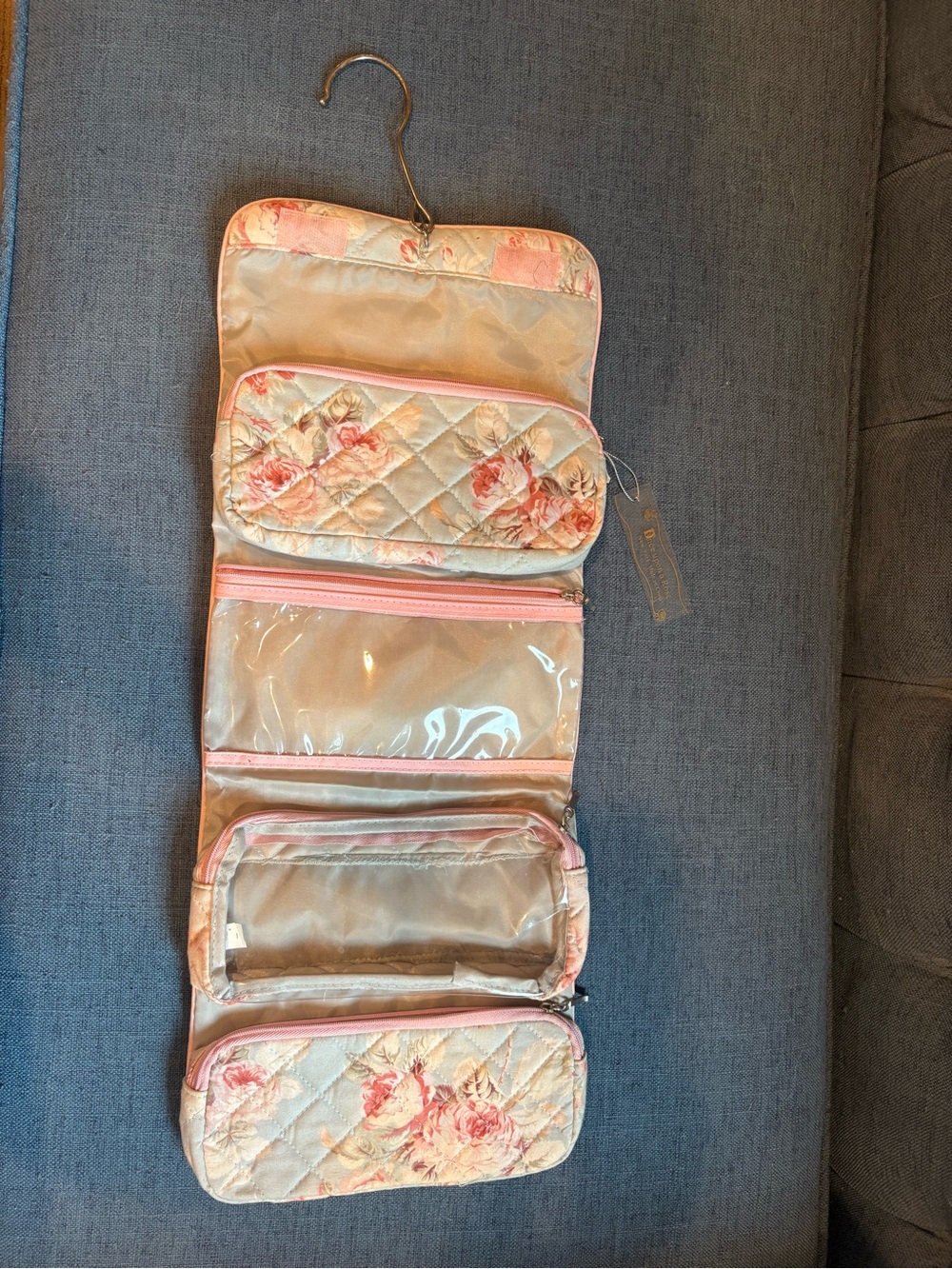 Shabby Chic Hanging Quilted Floral Cosmetic Organizer in Pink and Blue